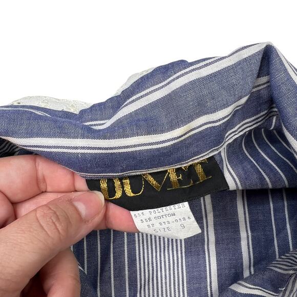 Vintage 70s 80s Striped Short Sleeve Button Collared Blouse Blue White Womens 9 - Picture 5 of 6